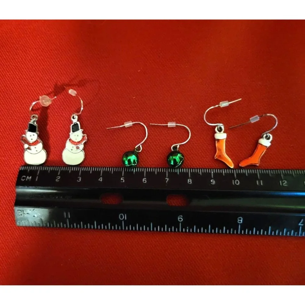 Christmas Earrings Holiday Snowman Green Christmas Balls Red Boots Set of 3